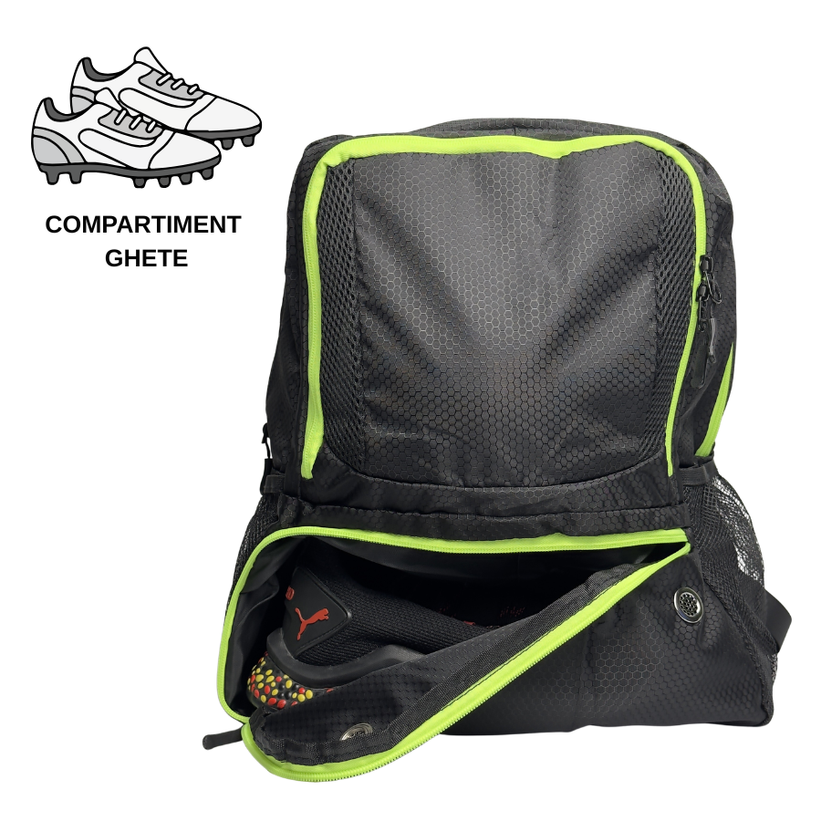 Ghiozdan Fotbal 25L Pro Neon – Organizare Separată pentru Minge, Ghe­te și Echipament