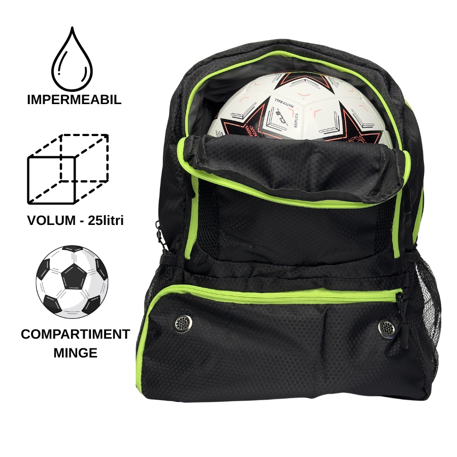 Ghiozdan Fotbal 25L Pro Neon – Organizare Separată pentru Minge, Ghe­te și Echipament