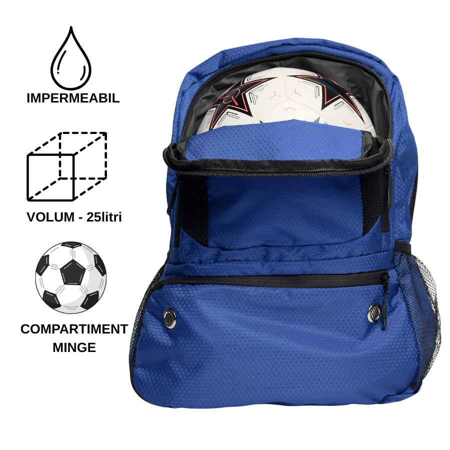 Ghiozdan Fotbal 25L Pro Albastru – Organizare Separată pentru Minge, Ghe­te și Echipament