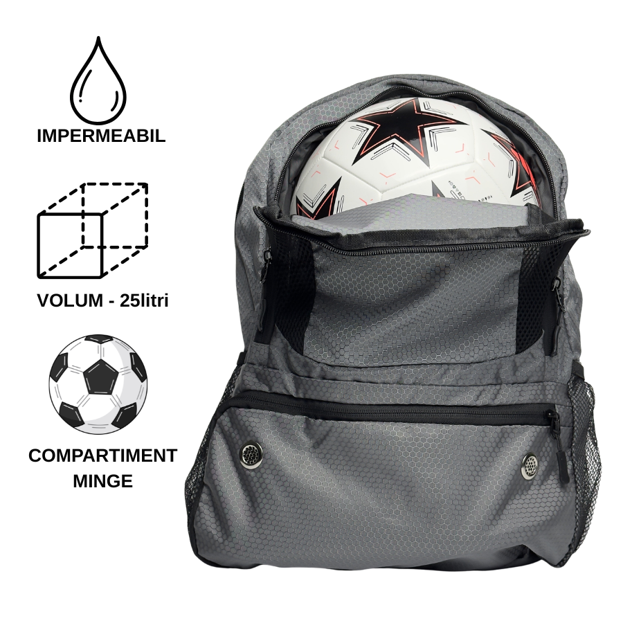 Ghiozdan Fotbal 25L Pro Gri – Organizare Separată pentru Minge, Ghe­te și Echipament