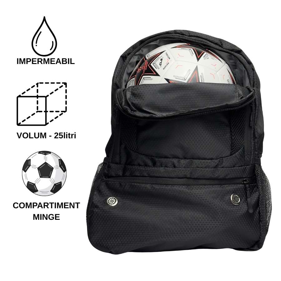 Ghiozdan Fotbal 25L Pro Negru – Organizare Separată pentru Minge, Ghe­te și Echipament