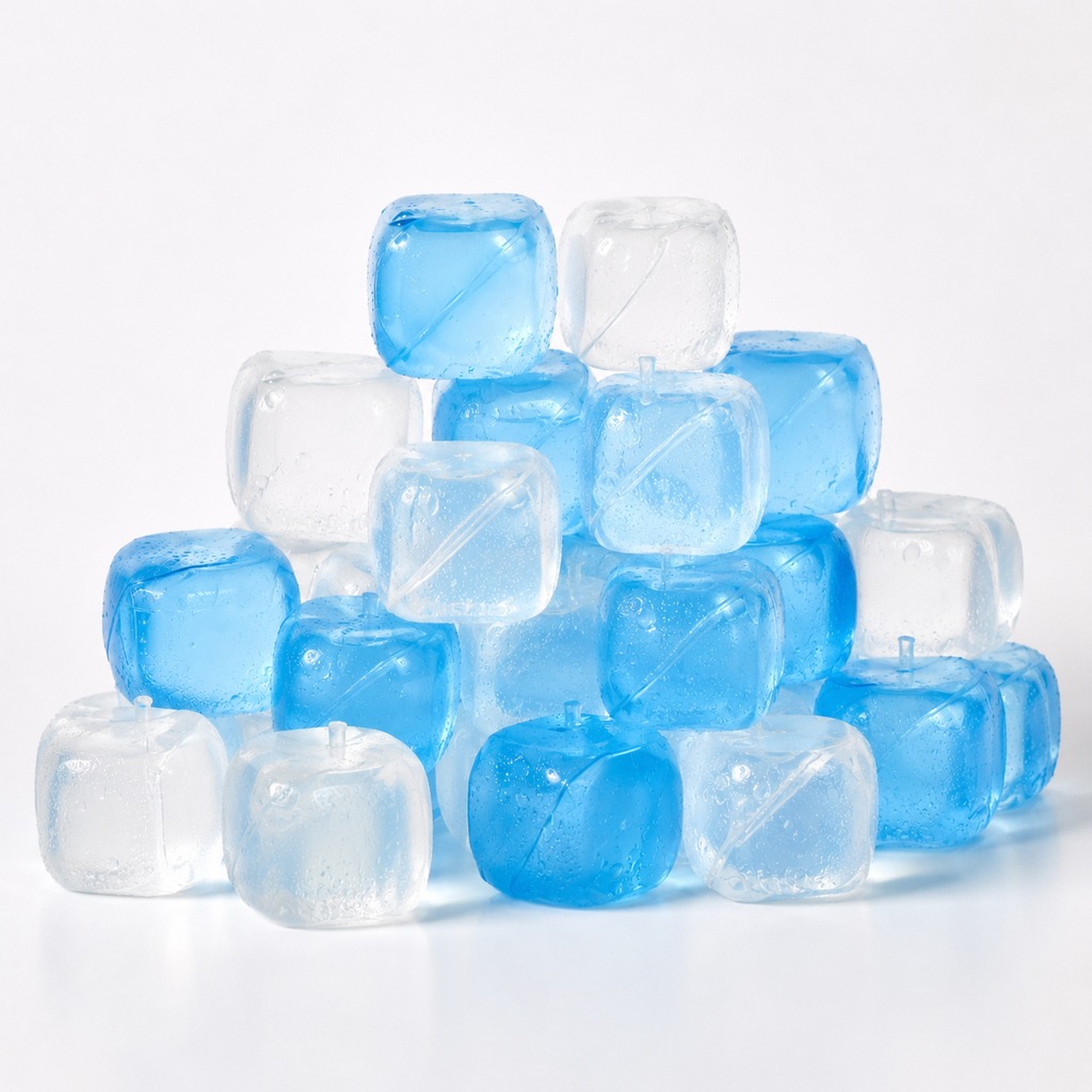 Imagine de prezentare pentru Icey Cubes cu informații despre reutilizare, set 18 cuburi, răcire fără diluare și utilizare după 4 ore la congelator
