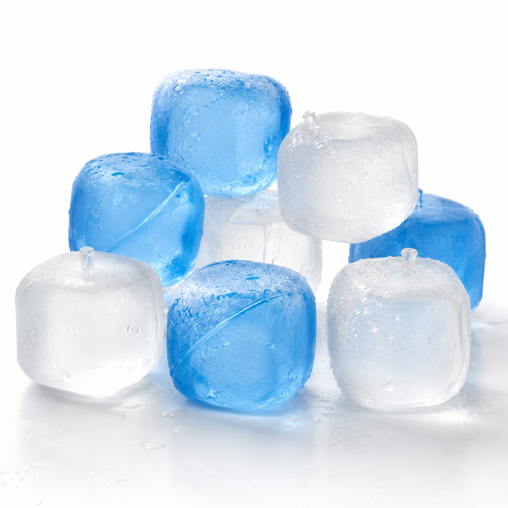 Cuburi de gheață reutilizabile Icey Cubes folosite într-o băutură rece pentru menținerea temperaturii fără a dilua conținutul