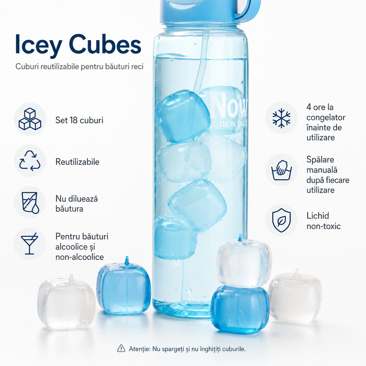 Detaliu close-up cu cuburi reutilizabile Icey Cubes, ideale pentru băuturi alcoolice și non-alcoolice