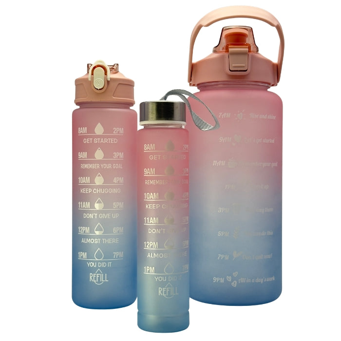 Set 3 sticle de apă Bubble Gum 2000ml 800ml 300ml cu marcaje motivaționale pentru hidratare zilnică