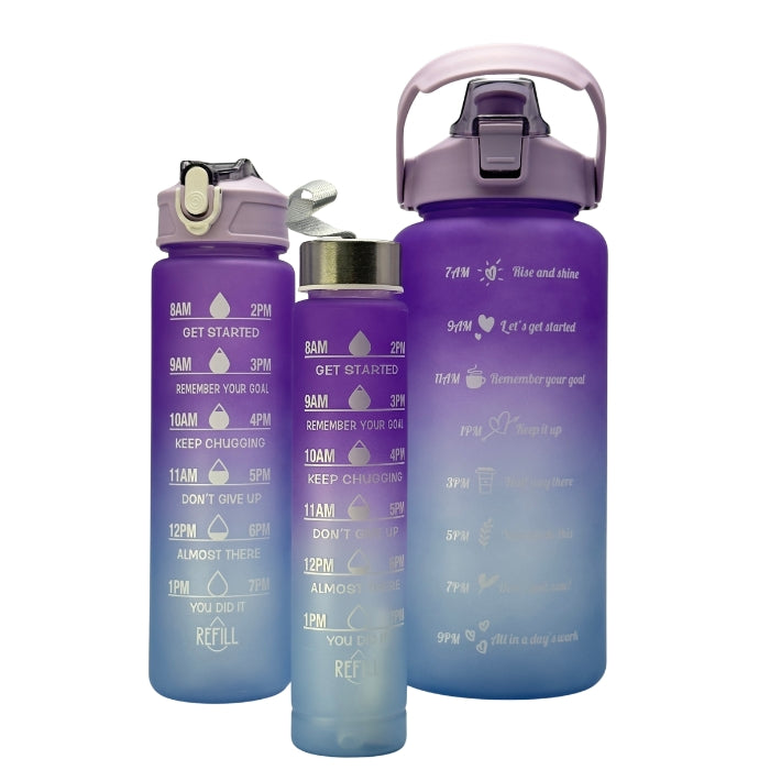 Set 3 sticle de apă Lavander 2000ml 800ml 300ml cu marcaje motivaționale pentru hidratare zilnică