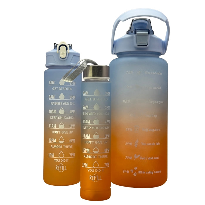 Set 3 sticle de apă Orange Sky 2000ml 800ml 300ml cu marcaje motivaționale pentru hidratare zilnică