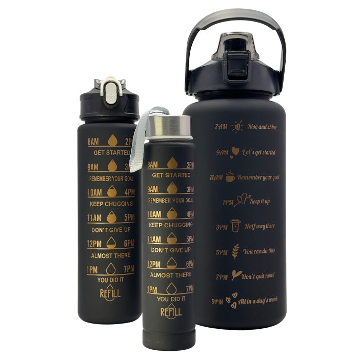 Set 3 sticle de apă Shadow 2000ml 800ml 300ml cu marcaje motivaționale pentru hidratare zilnică