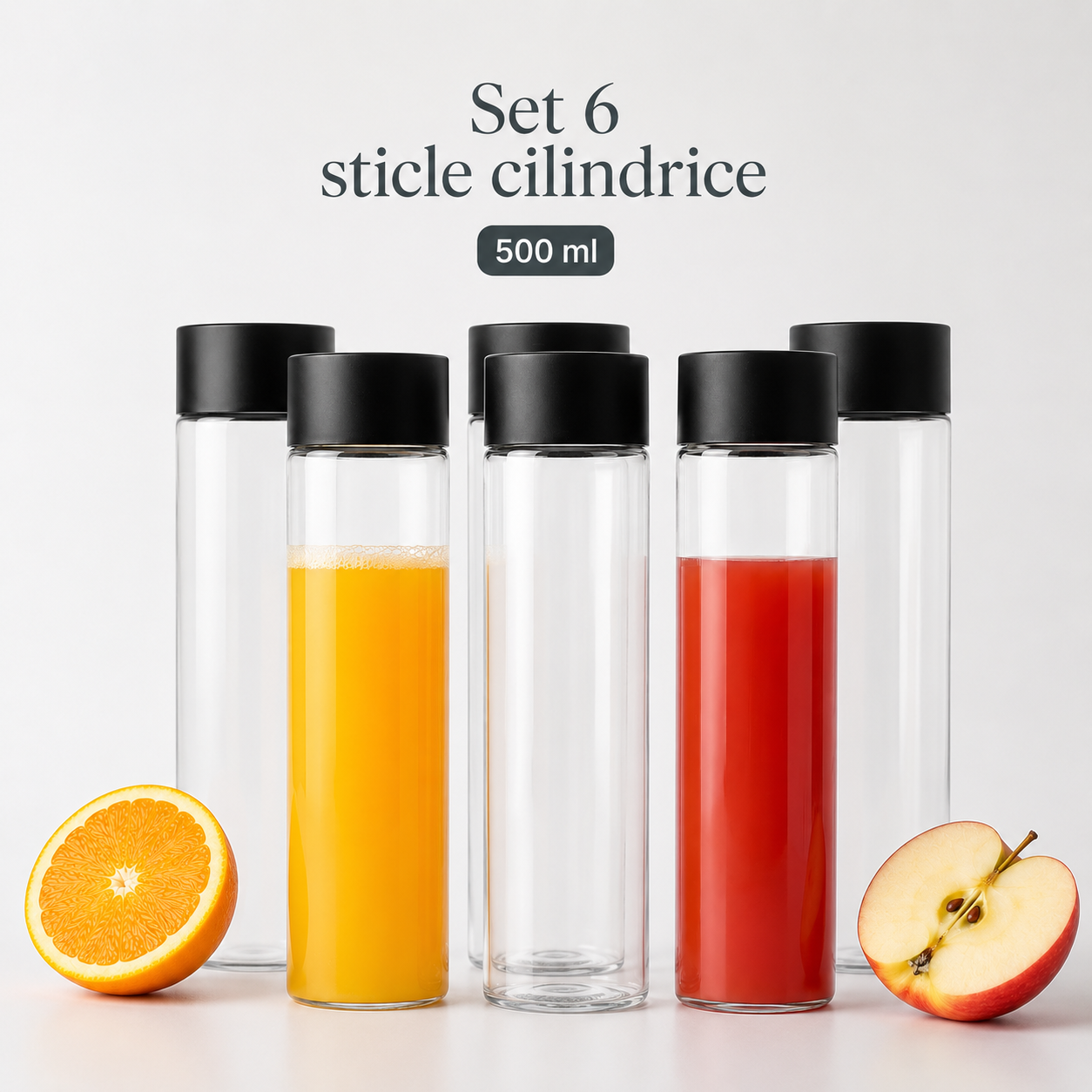 Set 6 sticle cilindrice 500ml pentru apă, suc, fresh sau smoothie