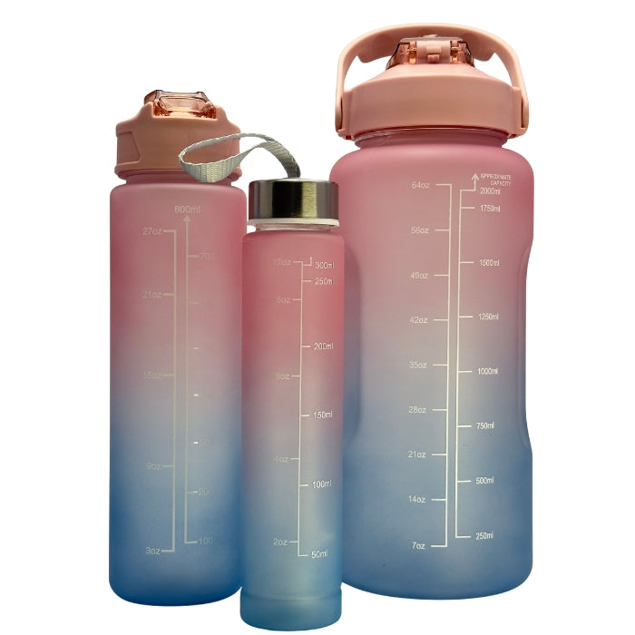 Set 3 sticle de apă Bubble Gum cu capacități 2000ml 800ml 300ml potrivite pentru zi întreagă
