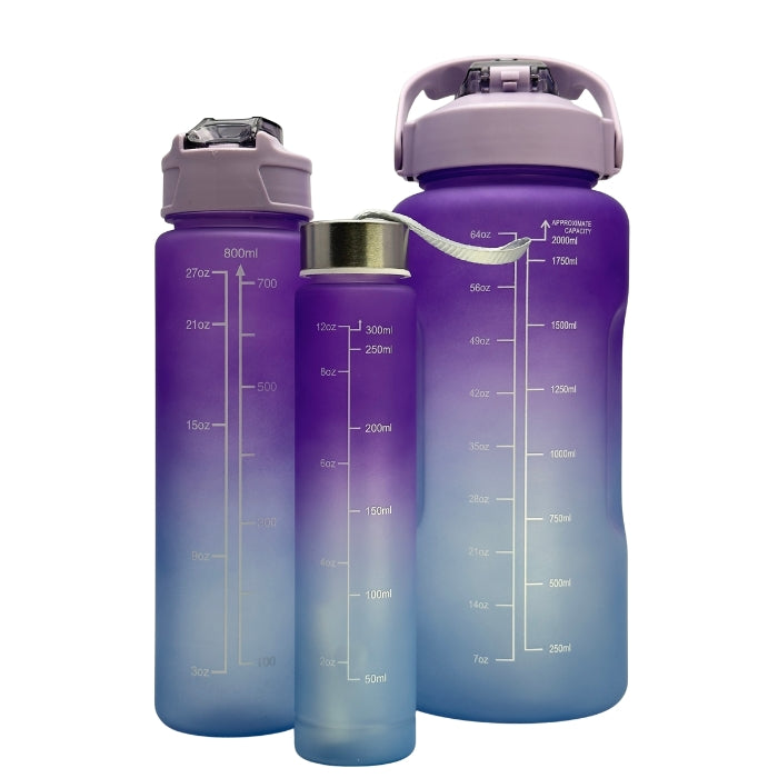 Set 3 sticle de apă Lavander cu capacități 2000ml 800ml 300ml potrivite pentru zi întreagă