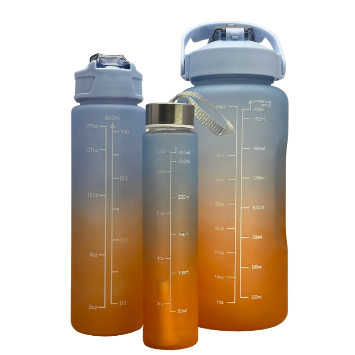 Set 3 sticle de apă Orange Sky cu capacități 2000ml 800ml 300ml potrivite pentru zi întreagă