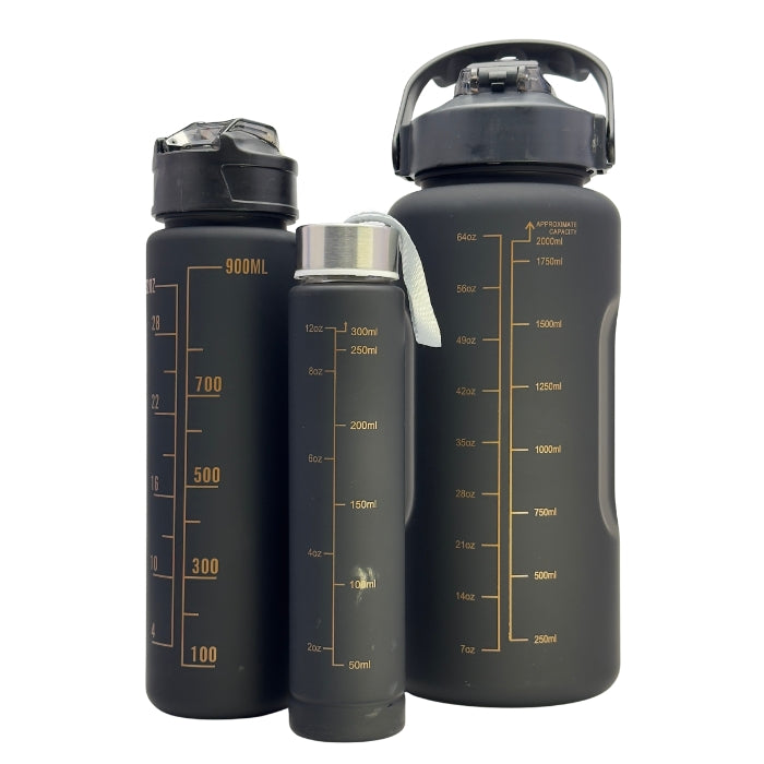 Set 3 sticle de apă Shadow cu capacități 2000ml 800ml 300ml potrivite pentru zi întreagă