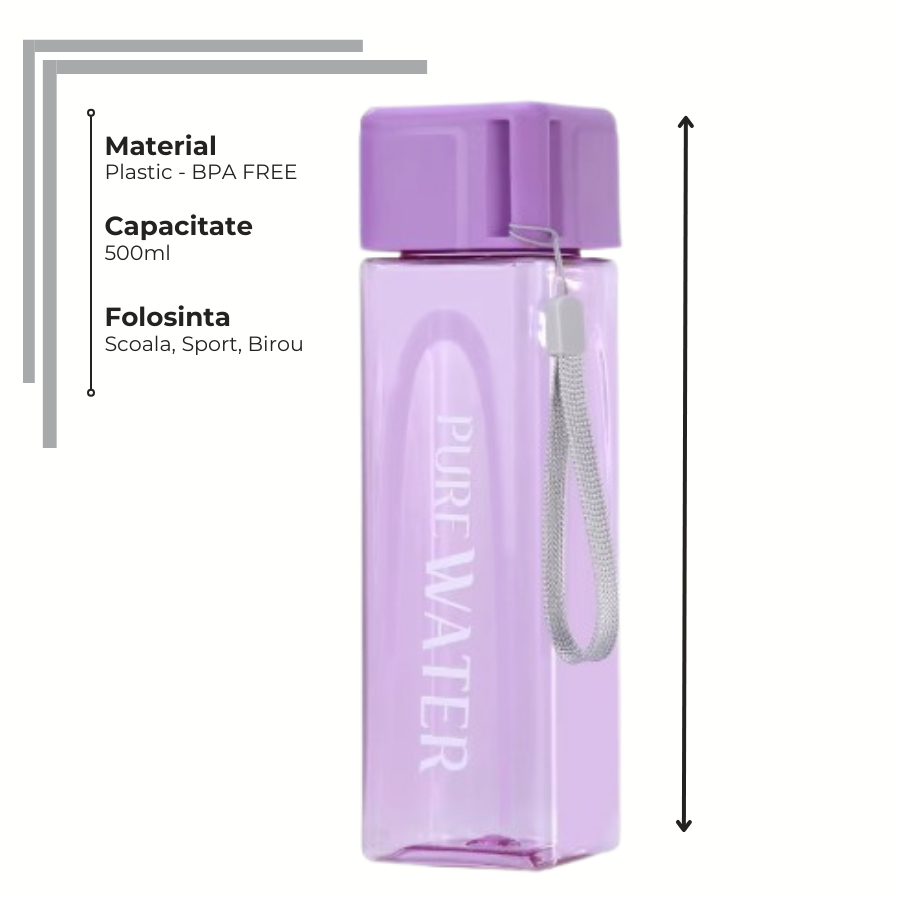 Sticlă de apă 500 ml PURE Aura, din plastic fără BPA, potrivită pentru școală, sport și birou, ușoară și practică