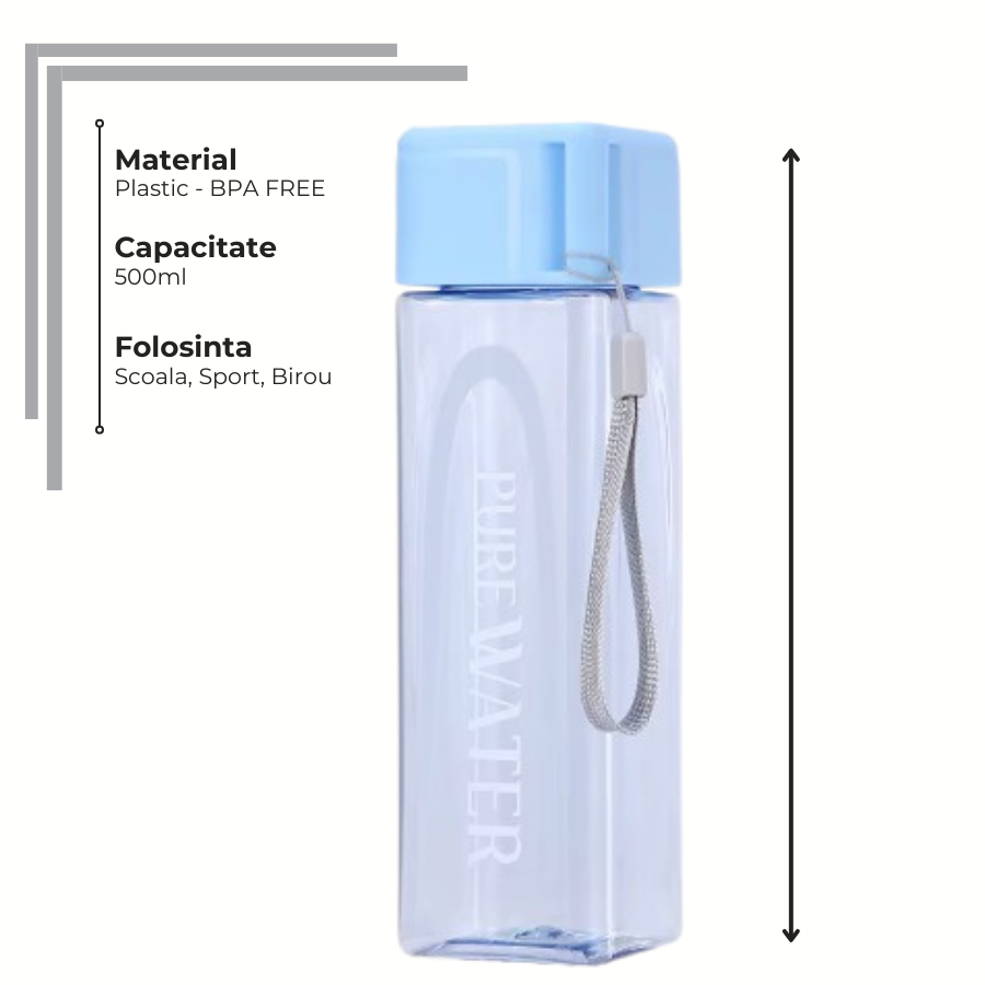 Sticlă de apă 500 ml PURE Breeze, din plastic fără BPA, potrivită pentru școală, sport și birou, ușoară și practică