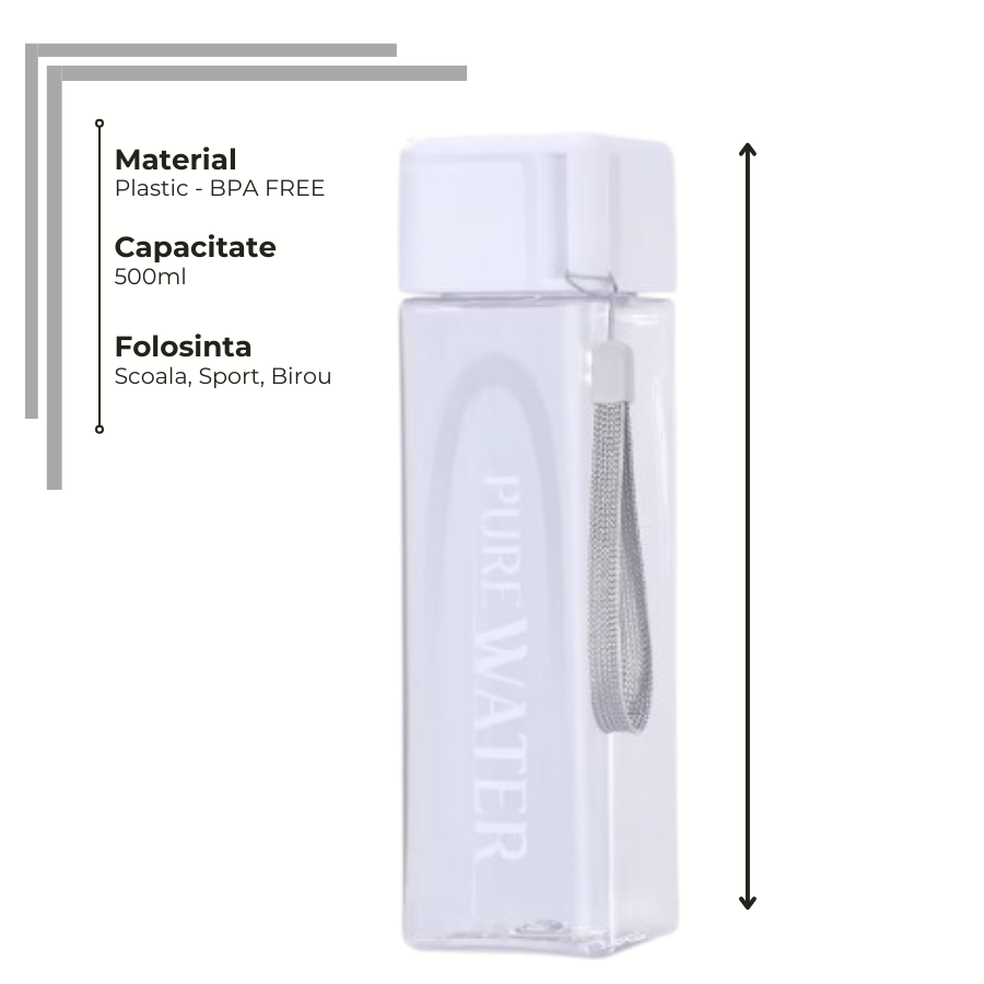 Sticlă de apă 500 ml PURE Clear, din plastic fără BPA, potrivită pentru școală, sport și birou, ușoară și practică