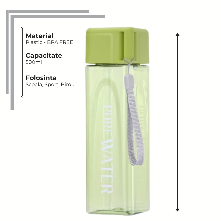 Sticlă de apă 500 ml PURE Lime, din plastic fără BPA, potrivită pentru școală, sport și birou, ușoară și practică