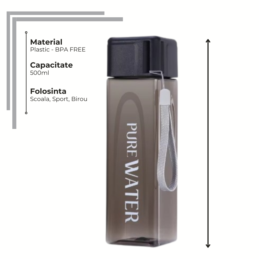 Sticlă de apă 500 ml PURE Onyx, din plastic fără BPA, potrivită pentru școală, sport și birou, ușoară și rezistentă