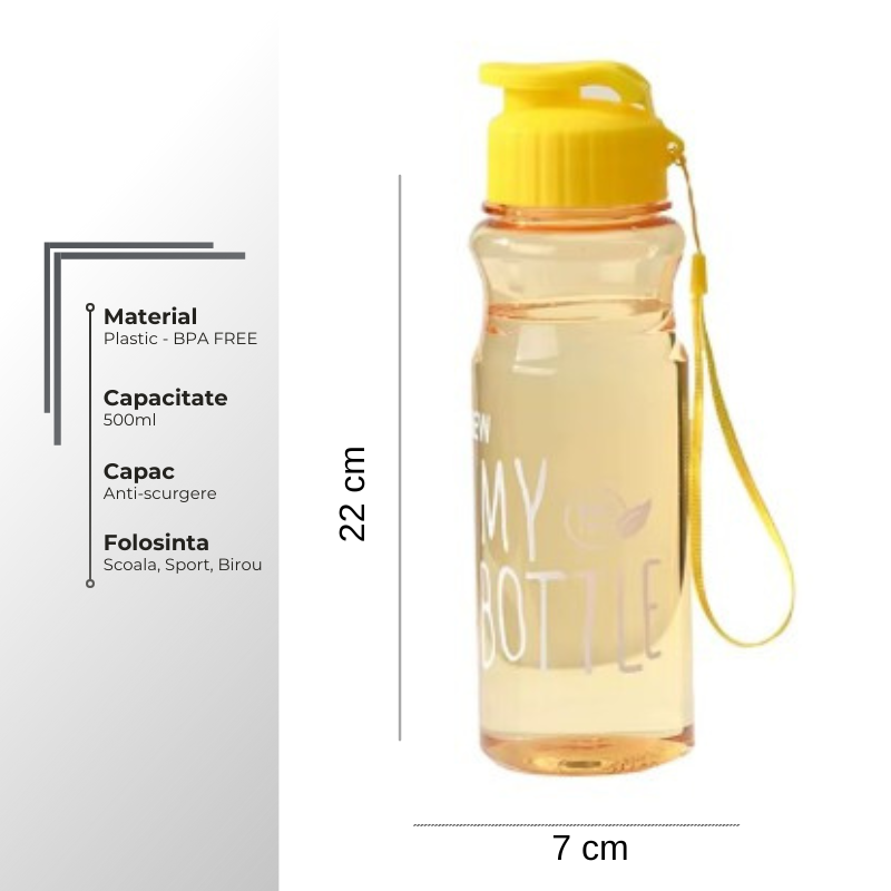 Dimensiuni sticlă apă 500 ml pentru copii, BPA free, capac anti-scurgere, ideală pentru școală și sport