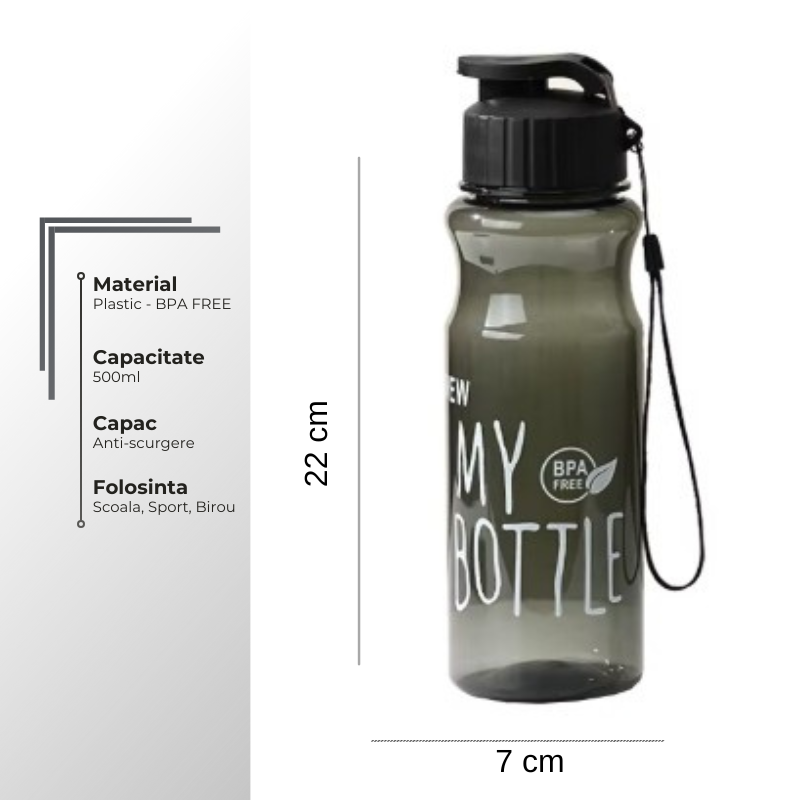 Dimensiuni sticlă apă 500 ml pentru copii, BPA free, capac anti-scurgere, ideală pentru școală și sport