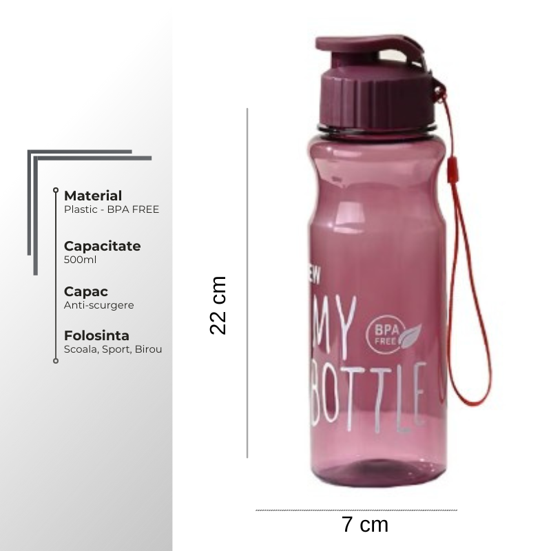 Dimensiuni sticlă apă 500 ml pentru copii, BPA free, capac anti-scurgere, ideală pentru școală și sport