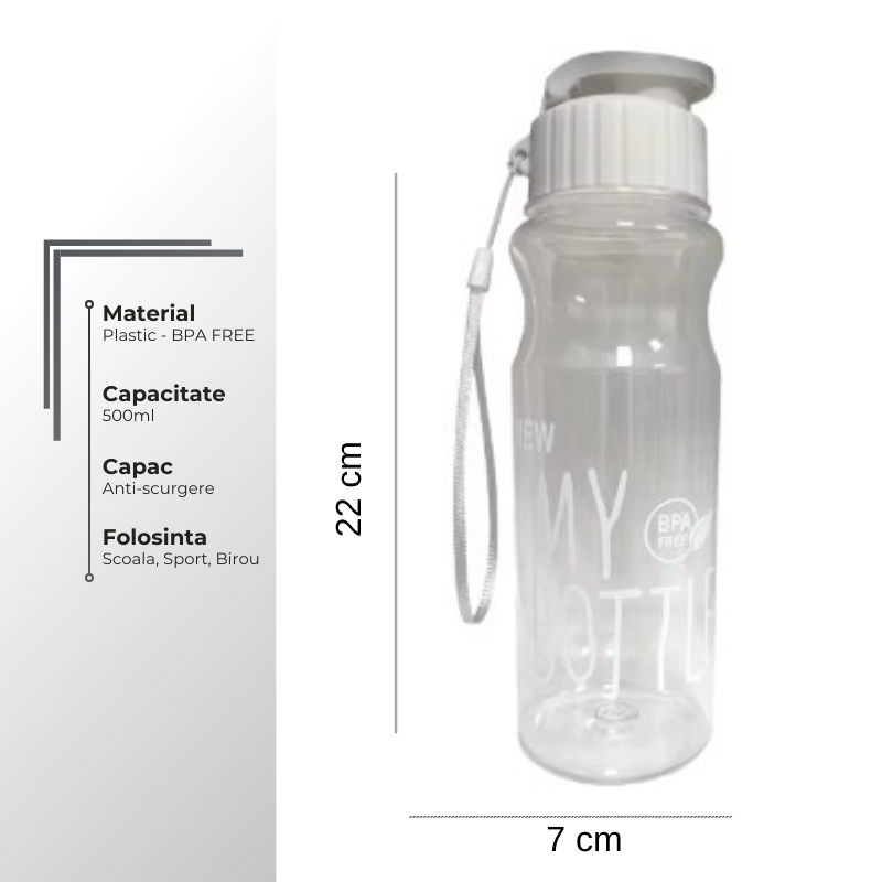 Dimensiuni sticlă apă 500 ml pentru copii, BPA free, capac anti-scurgere, ideală pentru școală și sport