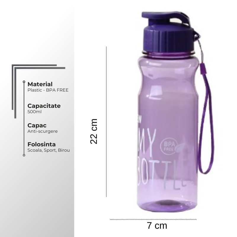Dimensiuni sticlă apă 500 ml pentru copii, BPA free, capac anti-scurgere, ideală pentru școală și sport