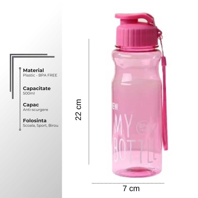 Dimensiuni sticlă apă 500 ml pentru copii, BPA free, capac anti-scurgere, ideală pentru școală și sport
