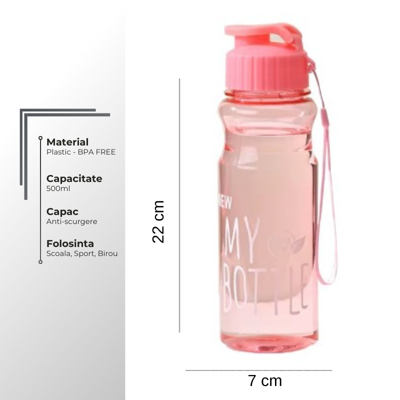 Dimensiuni sticlă apă 500 ml pentru copii, BPA free, capac anti-scurgere, ideală pentru școală și sport