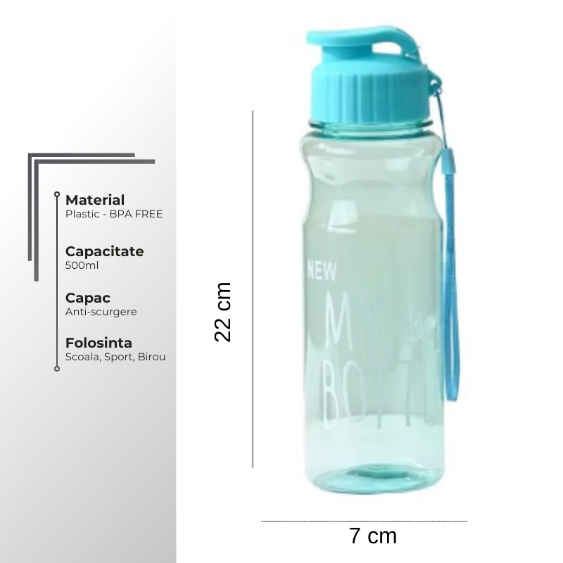 Dimensiuni sticlă apă 500 ml pentru copii, BPA free, capac anti-scurgere, ideală pentru școală și sport