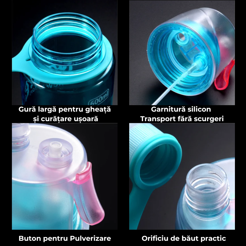 Sticlă 600 ml REFRESH cu garnitură din silicon, deschidere largă, pulverizare și băut confortabil