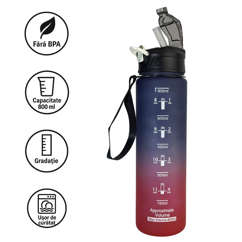 Sticlă de apă 800 ml Football Barca cu pai din silicon și gradație pentru hidratare ușoară