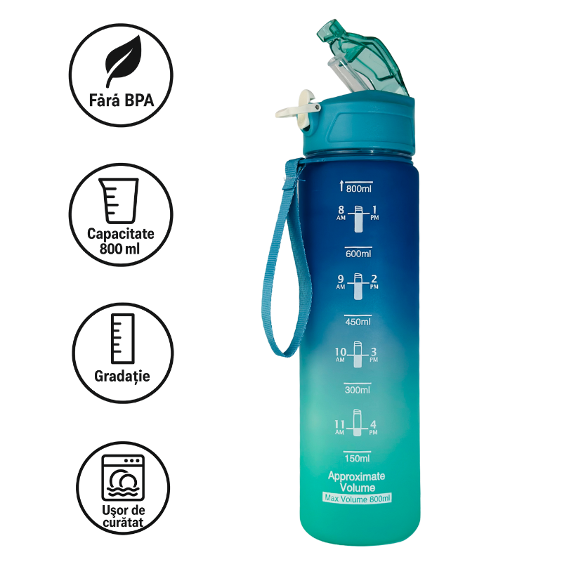 Sticlă de apă 800 ml cu pai și gradație Football City pentru hidratare ușoară pe parcursul zilei