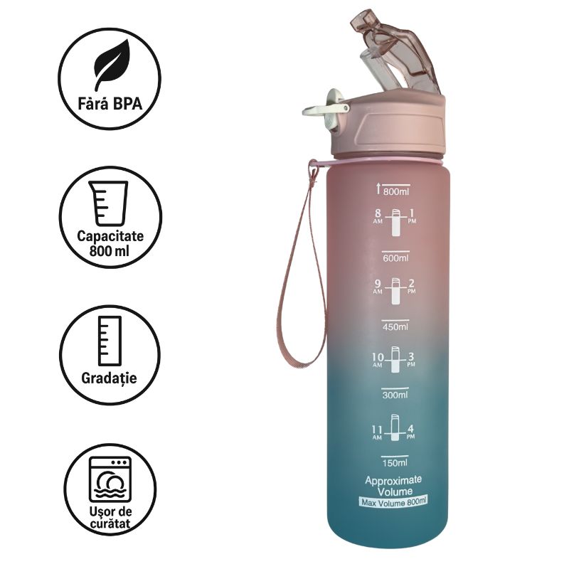 Sticlă de apă 800 ml Football Miami cu pai din silicon și gradație pentru hidratare ușoară