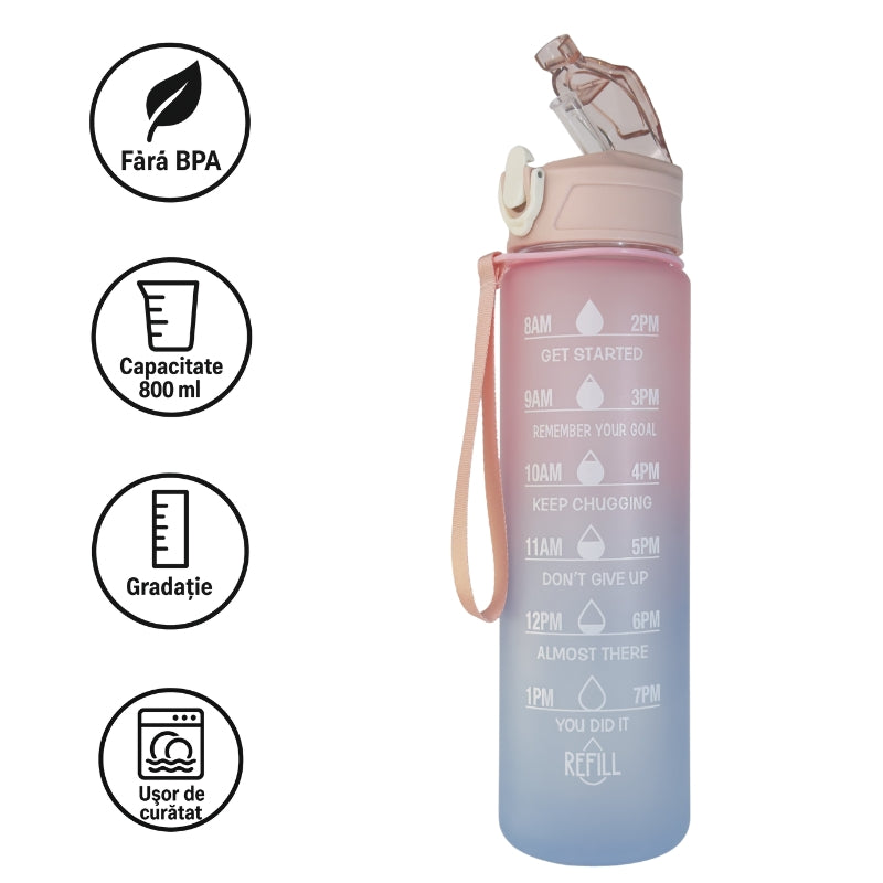 Sticlă de apă 800 ml W8W Bubbles cu pai din silicon și marcaje orare pentru hidratare