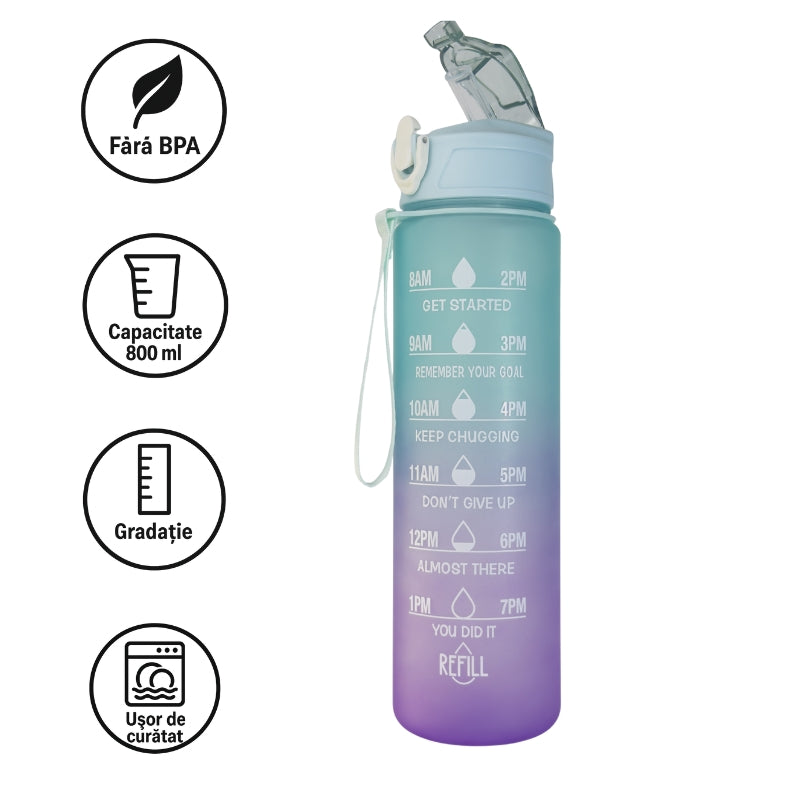 Sticlă de apă 800 ml W8W Energy Wave cu pai din silicon și marcaje de hidratare