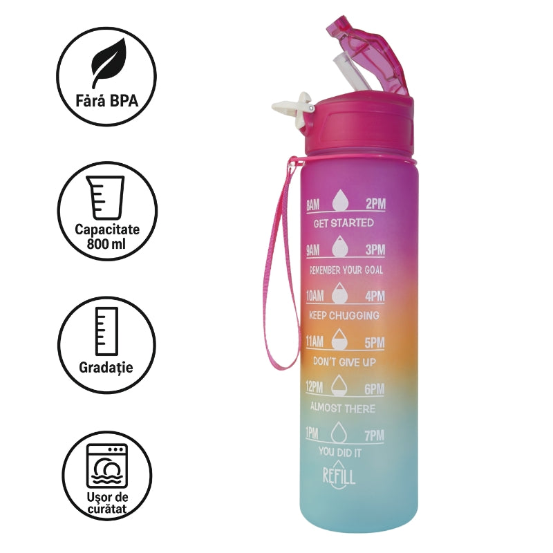 Sticlă de apă 800 ml W8W Lady cu pai din silicon și marcaje de hidratare