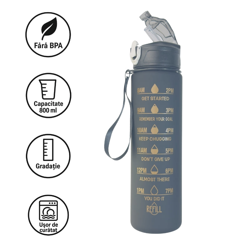 Sticlă de apă 800 ml W8W Shadow cu pai din silicon și marcaje de hidratare