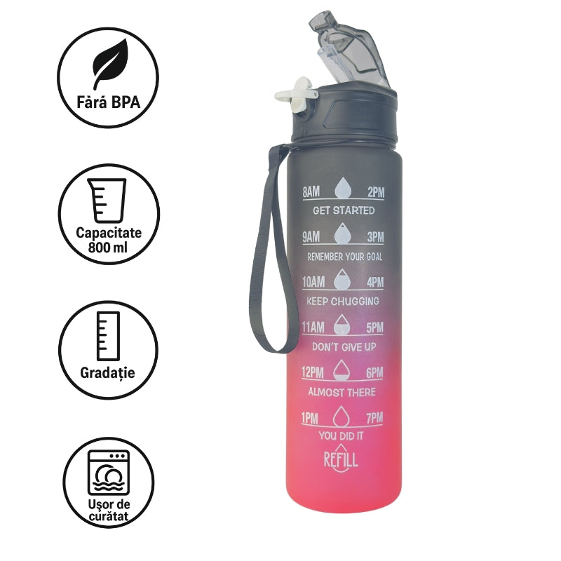 Sticlă de apă 800 ml cu pai din silicon și marcaje orare W8W Skyfire pentru hidratare eficientă