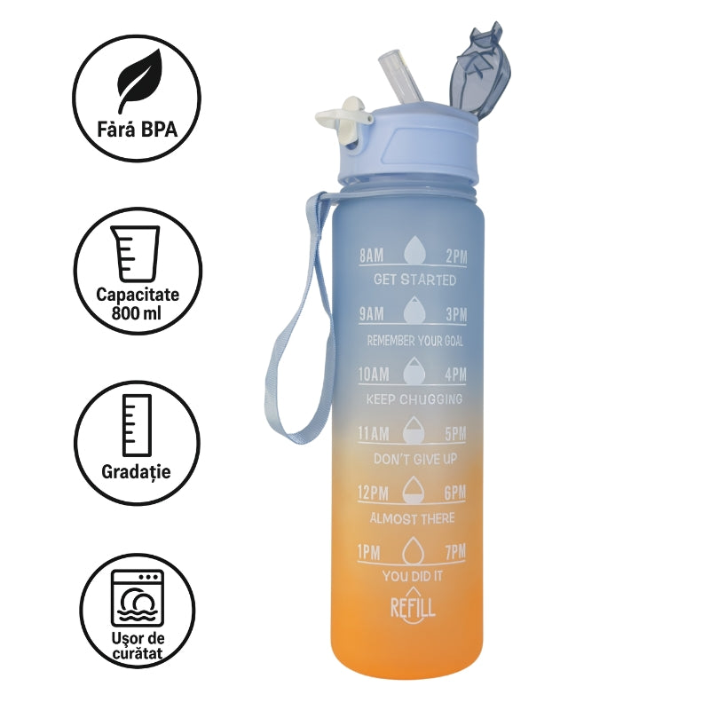 Sticlă de apă 800 ml W8W Sunset Splash cu pai din silicon și marcaje orare pentru hidratare