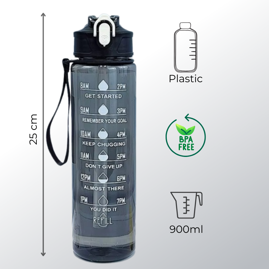 Sticlă de apă 900 ml Glasslook Black, înălțime 25 cm, din plastic fără BPA, cu simboluri capacitate și material, design modern pentru școală și sport