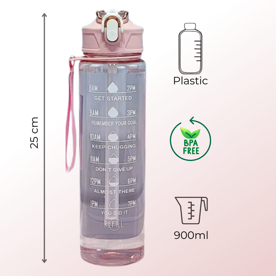 Sticlă de apă 900 ml Glasslook Pink, înălțime 25 cm, din plastic fără BPA, cu simboluri pentru capacitate și material, ideală pentru școală și sport
