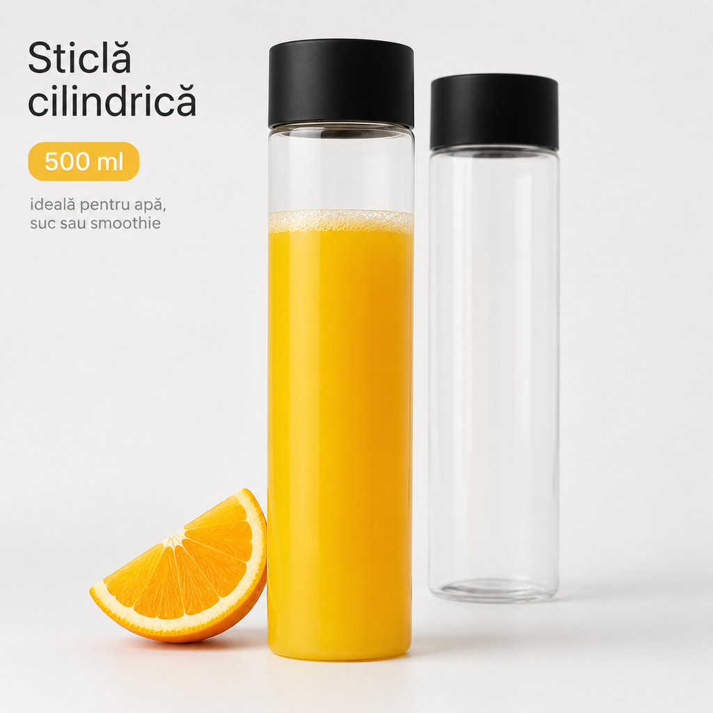 Sticlă cilindrică 500ml pentru apă, suc sau smoothie