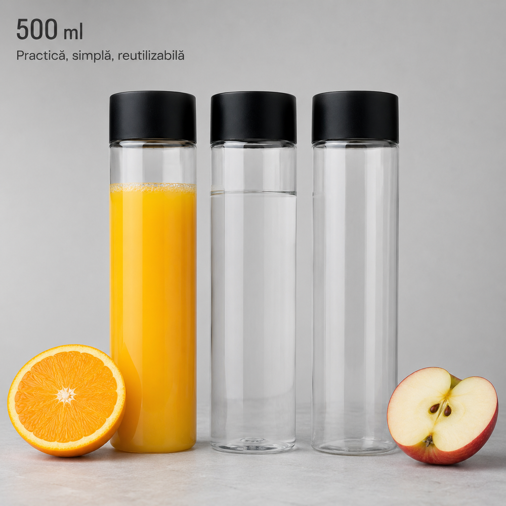Sticlă cilindrică 500ml cu design slim, practică și reutilizabilă