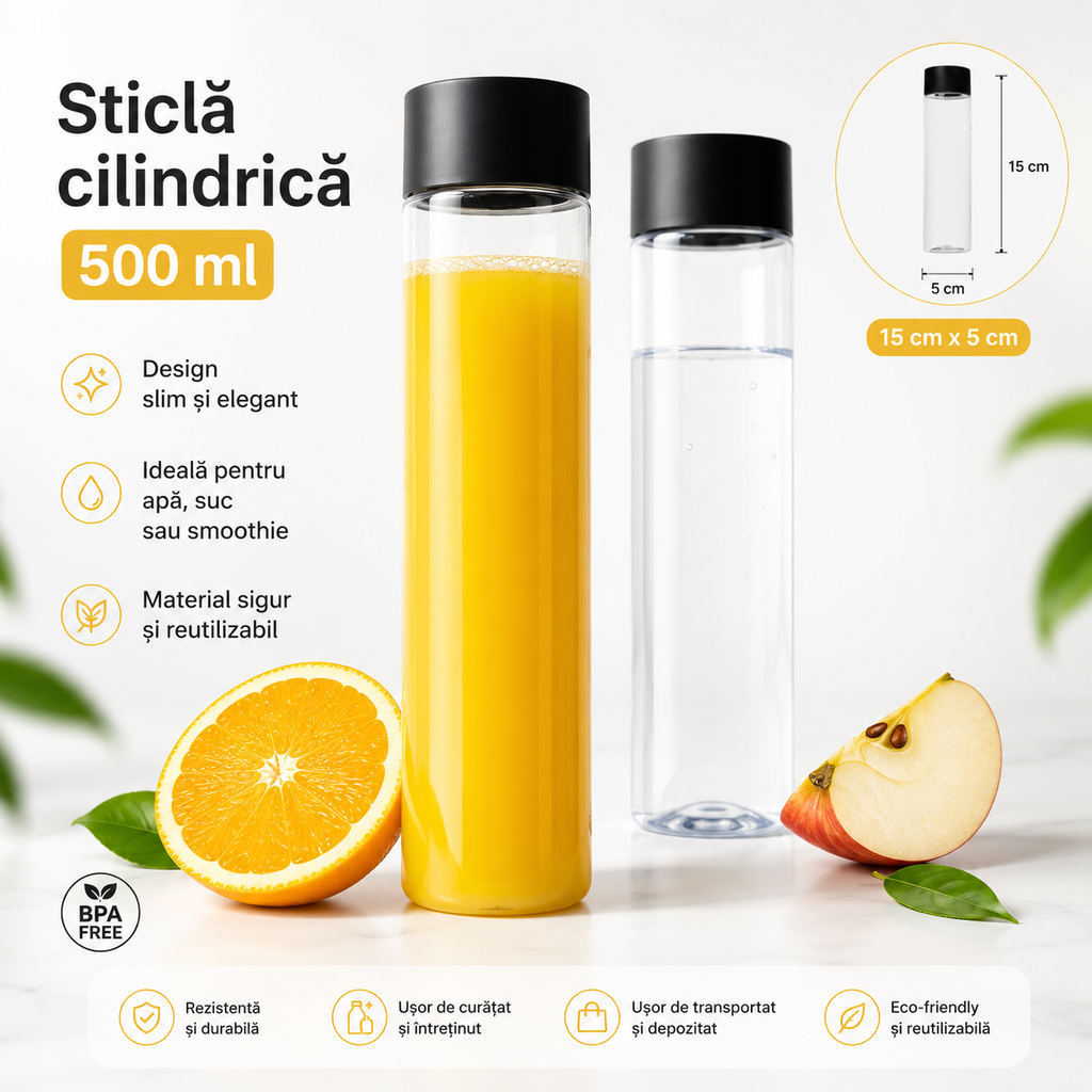 Sticlă cilindrică 500ml cu dimensiuni 15 cm înălțime și 5 cm diametru
