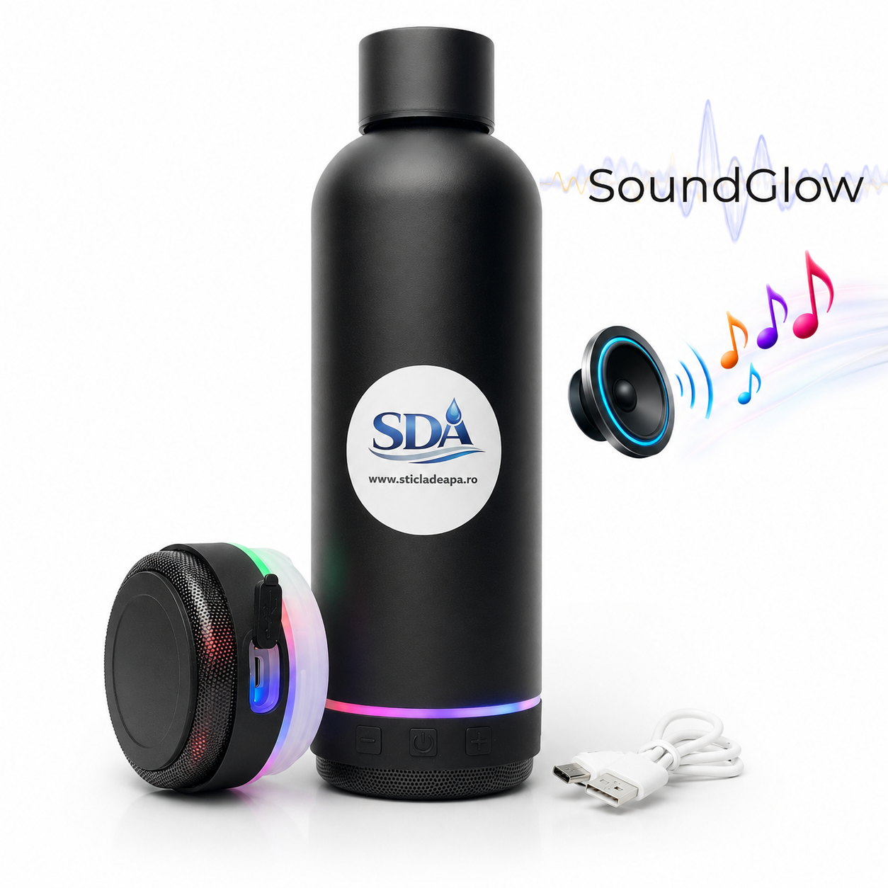Termos SoundGlow 430ml cu boxă Bluetooth integrată, lumini ambientale și cablu Type-C inclus