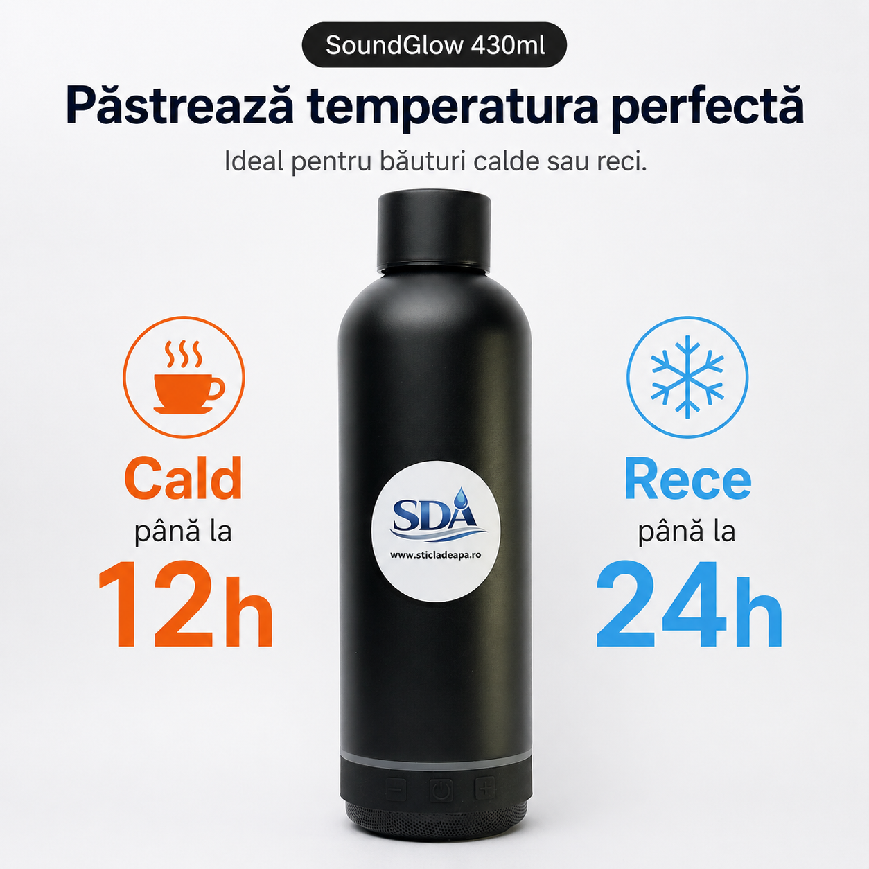 Termos SoundGlow 430ml menține băutura caldă până la 12h și rece până la 24h