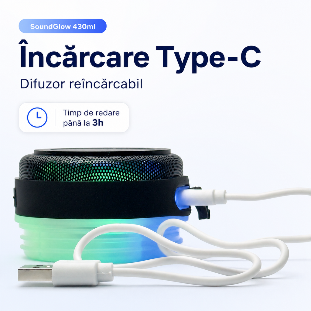 Difuzor reîncărcabil SoundGlow 430ml cu încărcare Type-C și timp de redare până la 3h