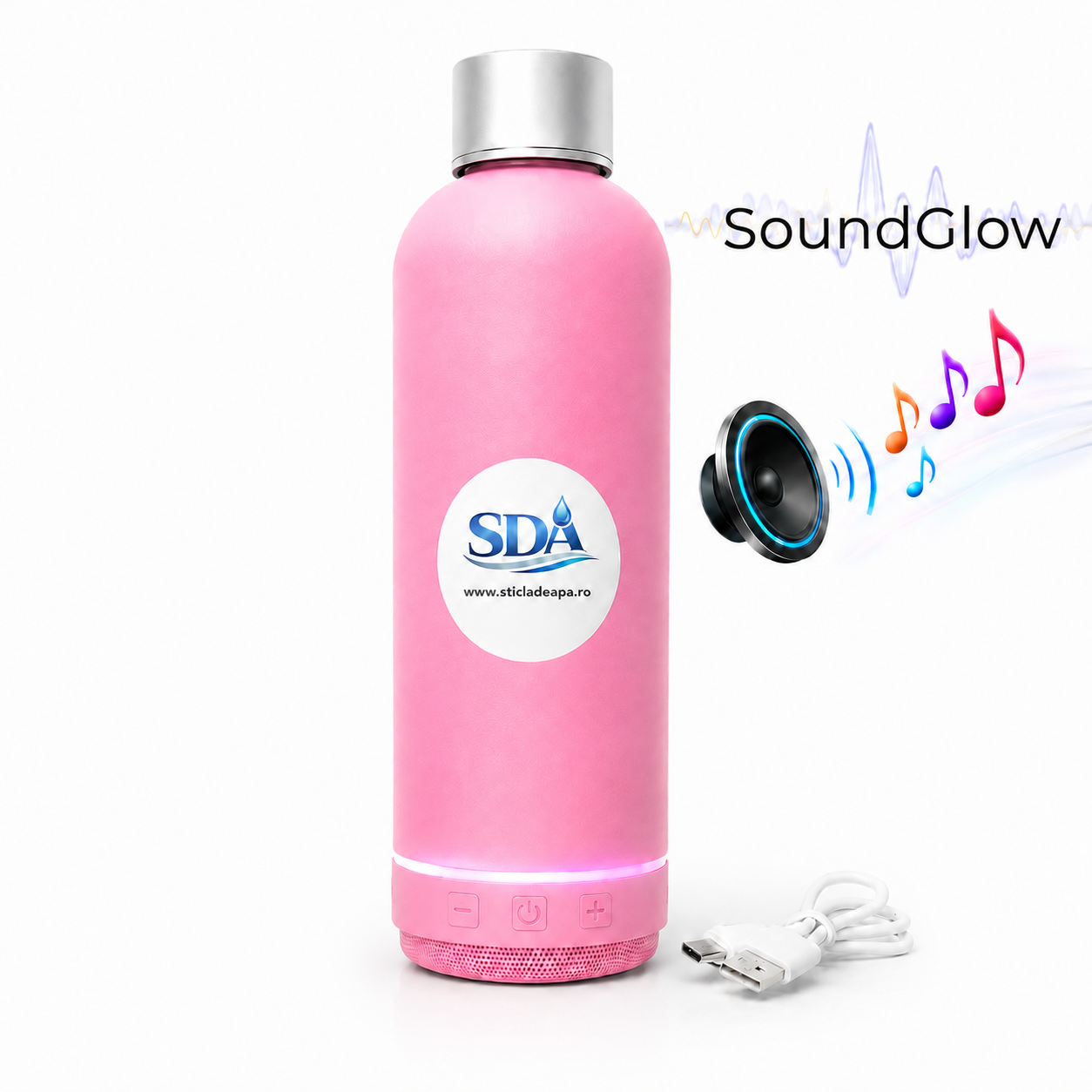 Termos SoundGlow roz 430ml cu boxă Bluetooth încorporată și lumini ambientale