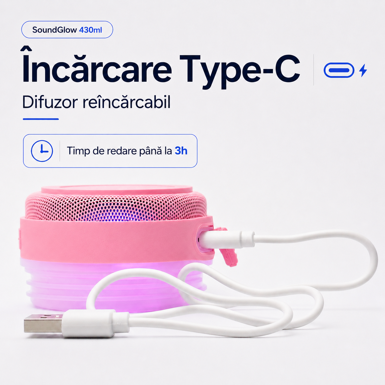 Termos SoundGlow roz 430ml cu cablu de încărcare Type-C pentru boxa Bluetooth